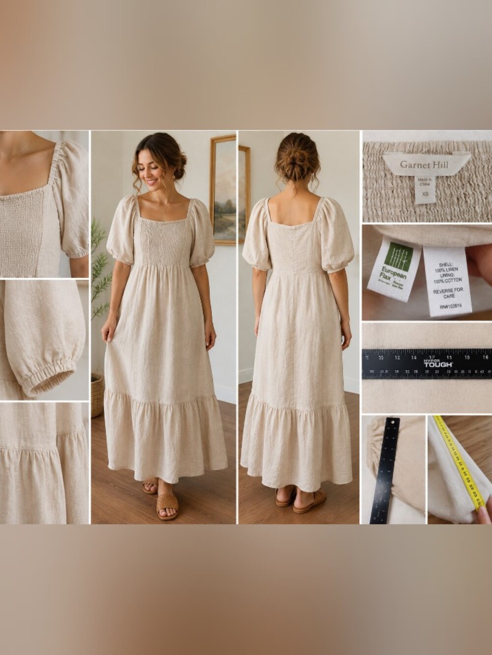 garnet hill linen maxi dress xs smocked square neck puff sleeve boho